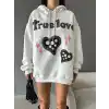 3 iplik şardonlu oversize true baskılı sweat Beyaz