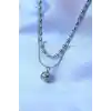 316L Çelik Çift Zincirli Gümüş Renk Topçuk Model Kolye