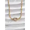 316L Çelik Gold Renk İtalyan Zincir Pembe Zirkon Taşlı Kalp Model Kadın Kolye