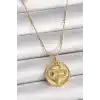 316L Çelik Gold Renk Topçuk Zincir Yılan İşlemeli Zirkon Taş Detaylı Madalyon Model Kadın Kolye