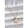 316L Çelik Gold Renk Zincir Beyaz Mineli Hilal İşlemeli Madalyon Model Kadın Kolye