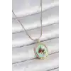 316L Çelik Gold Renk Zincir Turkuaz Mineli İncili Çiçek İşlemeli Portre Model Kadın Kolye