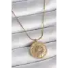 316L Çelik Gold Renk Zirkon Taşlı 12 Burç Madalyon Model Kadın Kolye