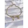316L Çelik Gold Renk Zirkon Taşlı Yonca Detay Nazarlı Anahtar Tasarımlı Bileklik