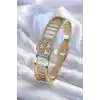 316L Çelik Gold Renk Zirkon Taşlı Yonca Model Kadın Kelepçe