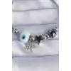 316L Çelik Gümüş Renk Siyah Zirkon Taşlı Yıldız Tasarımlı Ağaç Detay Nazarlı Charm Bileklik
