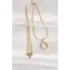 316L Çelik Zincir Altın Renk Gri Sedefli Oval Figürlü Kolye