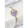 316L Çelik Zincir Mor Mineli Sanatsal Portre İnci Detaylı Çiçek Model Gold Renk Kadın Bileklik