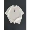 Baskılı Oversize Bisiklet Yaka T-shirt - Beyaz