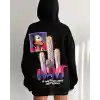 Baskılı Üç İplik Kapüşonlu Oversize Sweatshirt - Siyah
