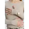 Bisiklet Yaka Parmak Geçmeli Kaşkorse bluz bej a3829
