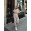 Crop pantolon biyeli takım bej