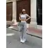Crop pantolon biyeli takım gri
