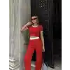 Crop pantolon biyeli takım kırmızı