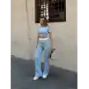 Crop pantolon biyeli takım mavi