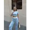 Crop pantolon biyeli takım mavi