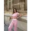 Crop pantolon biyeli takım pembe