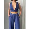 Crop pantolon keten takım s255012