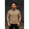 Erkek Balıkcı Yaka Bağazlı Triko Kazak Pamuklu Kalın Fitilli Dokuma, Regular Fit Uzun Kollu Kışlık Model - Bej
