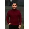 Erkek Balıkcı Yaka Bağazlı Triko Kazak Pamuklu Kalın Fitilli Dokuma, Regular Fit Uzun Kollu Kışlık Model - Bordo