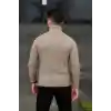 Erkek Balıkcı Yaka Bağazlı Triko Kazak Pamuklu Kalın Fitilli Dokuma, Regular Fit Uzun Kollu Kışlık Model - Bej