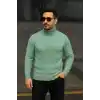 Erkek Balıkcı Yaka Bağazlı Triko Kazak Pamuklu Kalın Fitilli Dokuma, Regular Fit Uzun Kollu Kışlık Model - Mint Yeşili