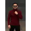 Erkek Balıkcı Yaka Bağazlı Triko Kazak Pamuklu Kalın Fitilli Dokuma, Regular Fit Uzun Kollu Kışlık Model - Bordo