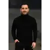 Erkek Balıkcı Yaka Bağazlı Triko Kazak Pamuklu Kalın Fitilli Dokuma, Regular Fit Uzun Kollu Kışlık Model - Siyah
