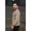 Erkek Balıkcı Yaka Bağazlı Triko Kazak Pamuklu Kalın Fitilli Dokuma, Regular Fit Uzun Kollu Kışlık Model - Bej