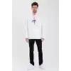 Erkek Baskılı Üç İplik Kapüşonlu Oversize Sweatshirt - Beyaz