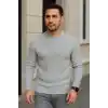 Erkek Bisiklet Yuvarlak Yaka Triko Kazak Pamuklu Kalın Fitilli Dokuma, Regular Fit Uzun Kollu Kışlık Model - Gri