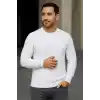 Erkek Bisiklet Yuvarlak Yaka Triko Kazak Pamuklu Kalın Fitilli Dokuma, Regular Fit Uzun Kollu Kışlık Model - Beyaz