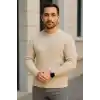 Erkek Bisiklet Yuvarlak Yaka Triko Kazak Pamuklu Kalın Fitilli Dokuma, Regular Fit Uzun Kollu Kışlık Model - Bej