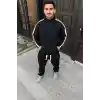 Erkek Çift Şeritli Eşofman Takım Dik Yaka Fermuarlı Sweatshirt Boru Paça Alt, Oversize 3 iplik Pamuklu - Siyah