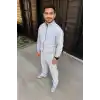 Erkek Çift Şeritli Eşofman Takım Dik Yaka Fermuarlı Sweatshirt Boru Paça Alt, Oversize 3 iplik Pamuklu - Gri
