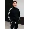 Erkek Çift Şeritli Eşofman Takım Dik Yaka Fermuarlı Sweatshirt Boru Paça Alt, Oversize 3 iplik Pamuklu - Siyah