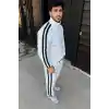 Erkek Çift Şeritli Eşofman Takım Dik Yaka Fermuarlı Sweatshirt Boru Paça Alt, Oversize 3 iplik Pamuklu - Beyaz