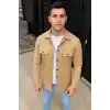 Erkek Diagonal Kumaş Cepli Çıtçıtlı uzun Kollu, Gömlek Oversize Rahat Kalıp Günlük Şık Stil - Bej
