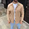 Erkek Diagonal Kumaş Cepli Çıtçıtlı uzun Kollu, Gömlek Oversize Rahat Kalıp Günlük Şık Stil - Bej