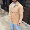 Erkek Diagonal Kumaş Cepli Çıtçıtlı uzun Kollu, Gömlek Oversize Rahat Kalıp Günlük Şık Stil - Bej