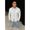 Erkek Diagonal Kumaş Cepli Çıtçıtlı uzun Kollu, Gömlek Oversize Rahat Kalıp Günlük Şık Stil - Beyaz