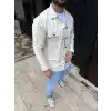 Erkek Diagonal Kumaş Cepli Çıtçıtlı uzun Kollu, Gömlek Oversize Rahat Kalıp Günlük Şık Stil - Beyaz