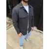 Erkek Diagonal Kumaş Cepli Çıtçıtlı uzun Kollu, Gömlek Oversize Rahat Kalıp Günlük Şık Stil - Füme