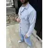 Erkek Diagonal Kumaş Cepli Çıtçıtlı uzun Kollu, Gömlek Oversize Rahat Kalıp Günlük Şık Stil - Gri