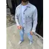 Erkek Diagonal Kumaş Cepli Çıtçıtlı uzun Kollu, Gömlek Oversize Rahat Kalıp Günlük Şık Stil - Gri