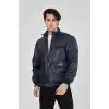 Erkek Fermuarlı İçten Elyaf ve Astarlı Suni Deri Ceket - Lacivert