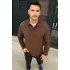 Erkek Fitilli Polar Sweatshirt – Düğmesiz Polo Yaka, Oversize Rahat Kalıp, Kalın Polar Kumaş, Kışlık ve Baharlık Şık Günlük Üst - Kahverengi