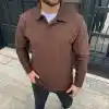Erkek Fitilli Polar Sweatshirt – Düğmesiz Polo Yaka, Oversize Rahat Kalıp, Kalın Polar Kumaş, Kışlık ve Baharlık Şık Günlük Üst - Kahverengi