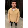 Erkek Fitilli Polar Sweatshirt – Düğmesiz Polo Yaka, Oversize Rahat Kalıp, Kalın Polar Kumaş, Kışlık ve Baharlık Şık Günlük Üst - Bej