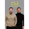 Erkek Fitilli Triko Kazak 2li Set Bej Siyah Regular Balıkcı Yaka Tam Boğazlı Triko Seti Modeli Kazak